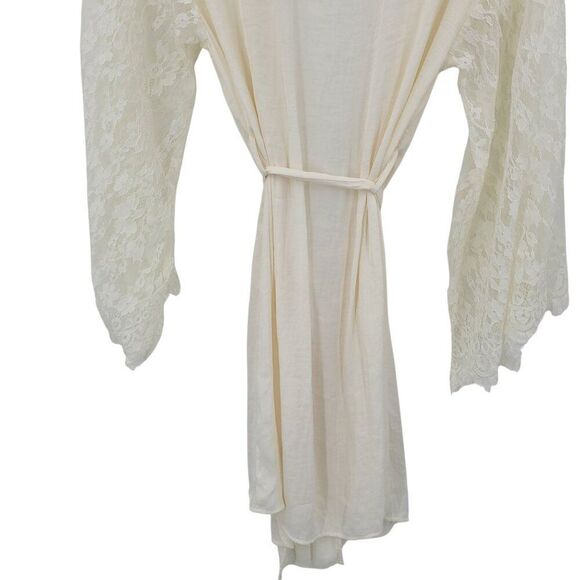 Vintage-Inspired Cream Robe Sz S Sheer Lace Kimono Sleeves Waist Tie Bridal - Picture 8 of 9